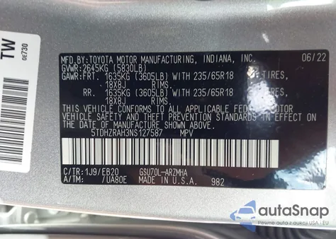 2022 Toyota Highlander Xle from USA, damaged, VIN 5TDHZRAH3NS127587